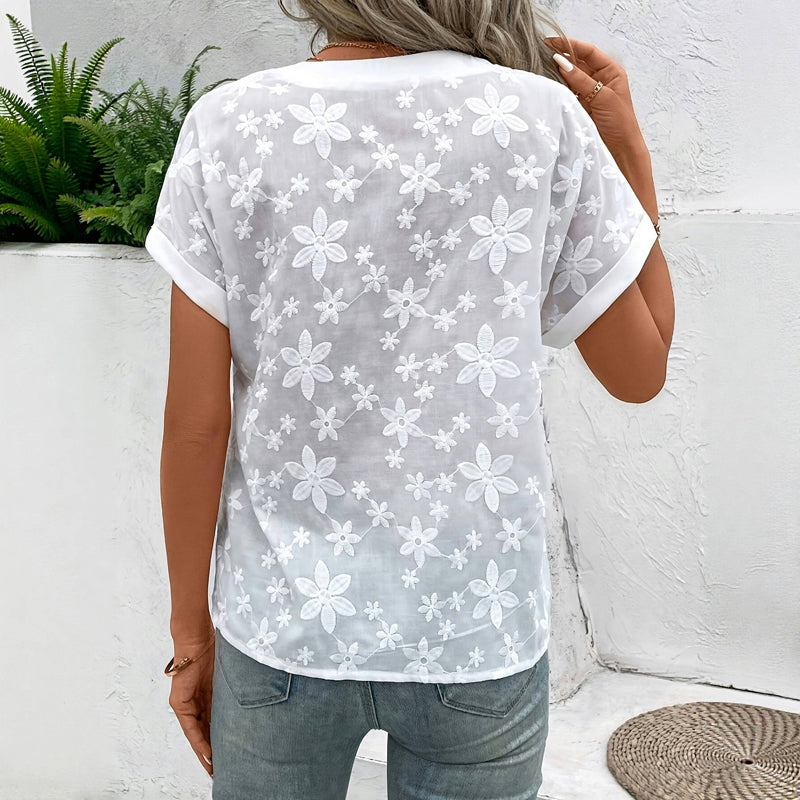 Casual Blouse with Floral Embroidery